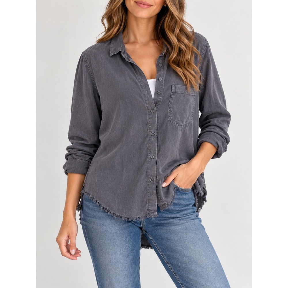 Cloth & Stone Tencel Lyocell Button Down Shirt Gray Frayed Hem Small